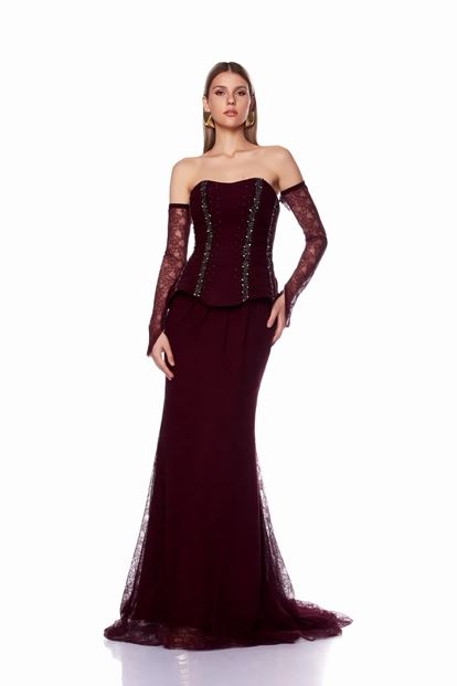 Bordo Peplum Detaylı  Dantelli Abiye  Elbise